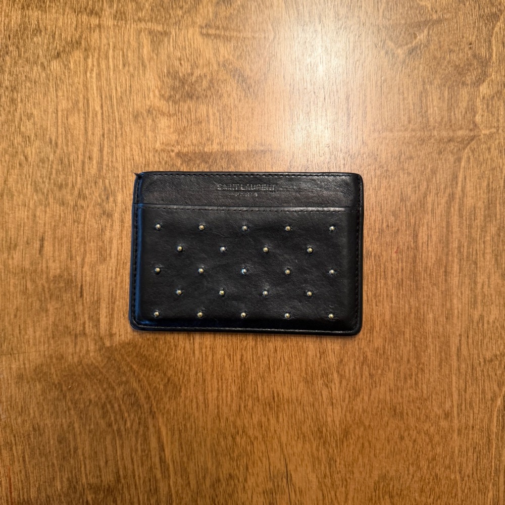 Saint Laurent Paris Black Leather Studded Card Holder Wallet Mens